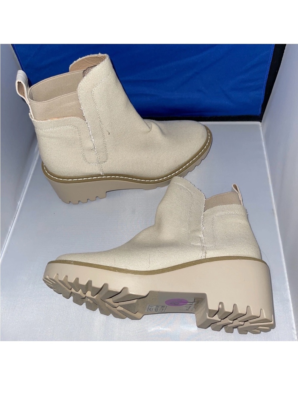 Nicole Miller Pocas Women's Canvas Beige Platform Booties Sz 8.5